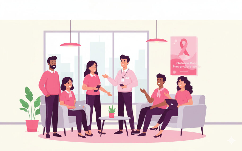  Ilustração com um grupo diverso de sete colaboradores, em um ambiente de escritório moderno e acolhedor, com muitos vestindo camisas ou acessórios cor-de-rosa em apoio ao Outubro Rosa. Eles estão conversando em um lounge, com sofás e uma mesa de centro, com um pôster de "Outubro Rosa: Prevenção e apoio" na parede, transmitindo diálogo e bem-estar no ambiente de trabalho.