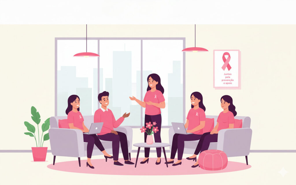 Na ilustração, um grupo diverso de colaboradores senta-se em uma roda de conversa. O escritório está decorado com tons de rosa. Algumas pessoas usam o laço da campanha. Todos sorriem e conversam de forma animada.