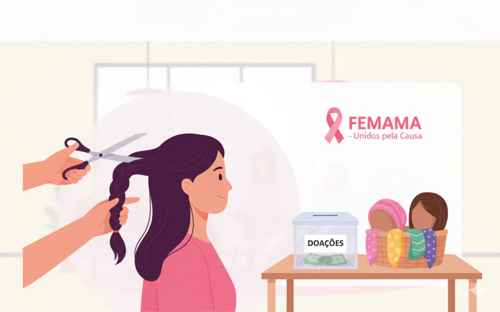 Mão cortando mecha de cabelo para doação, ao lado de uma urna de arrecadação de dinheiro e de um cesto contendo perucas e lenços, simbolizando a solidariedade e apoio a ONGs de combate ao câncer de mama no Outubro Rosa.