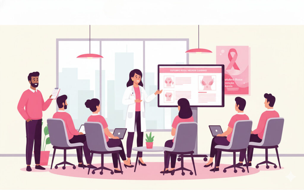 Colaboradores atentos em um workshop sobre Outubro Rosa, em que uma profissional de saúde explica o autoexame de mama. A reunião acontece em um escritório moderno e os colaboradores seguram laptops.