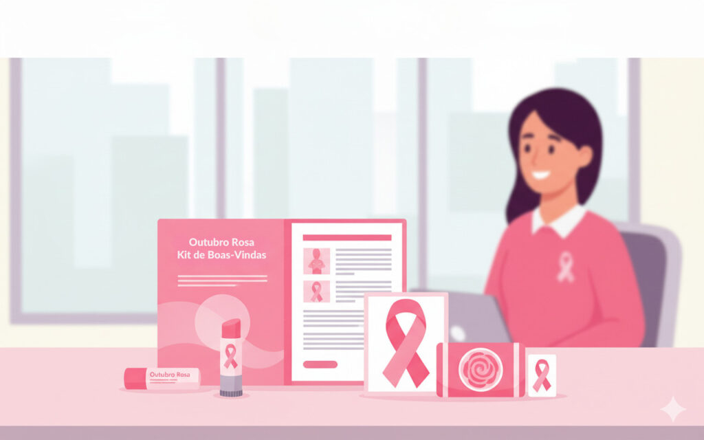  Ilustração de um kit de boas-vindas do Outubro Rosa sobre uma mesa, contendo laço rosa, folder informativo e pequenos brindes de autocuidado. Na imagem também é possível ver uma colaboradora sentada à mesa, usando seu laptop e sorrindo.