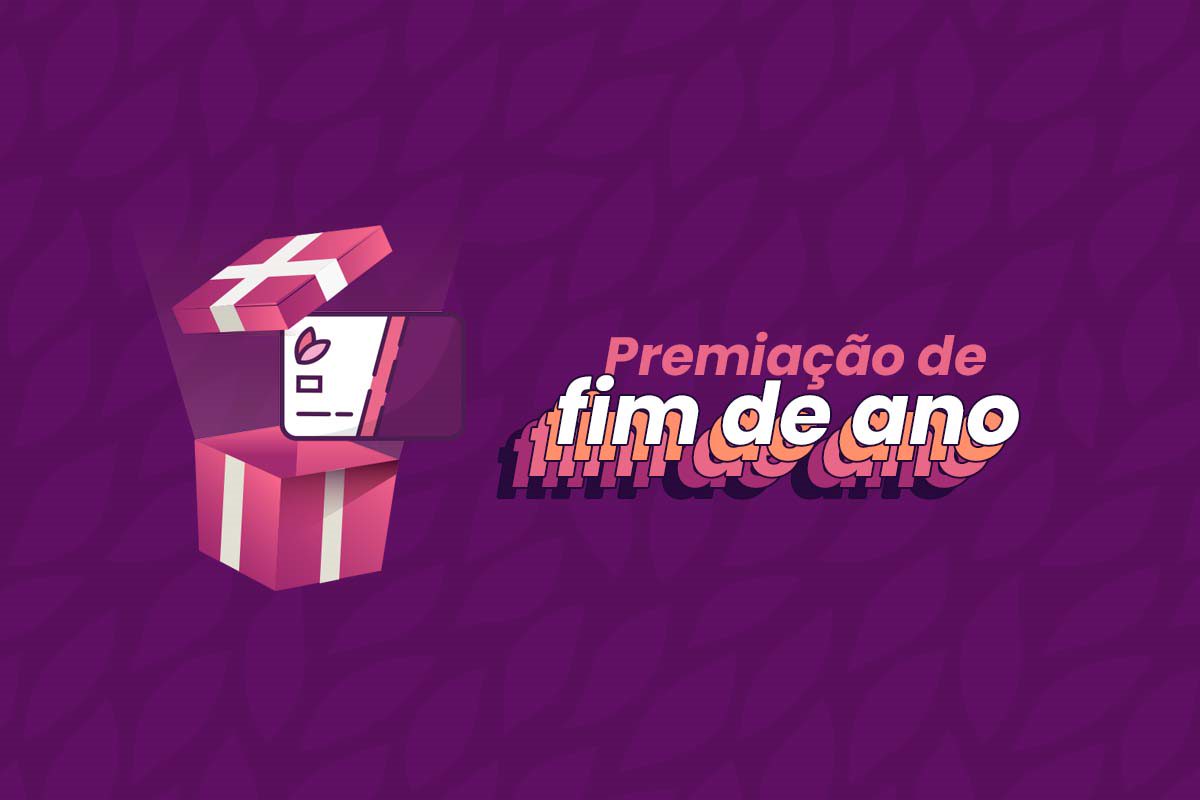 Fundo da imagem é roxo com folhas. Ao lado do título 'Premiação de fim de ano' tem um cartão Eva saindo de uma caixa de presentes. Na imagem "premiações de fim de ano" está escrito.