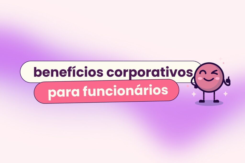 Fundo roxo e rosa claro. No título: "benefícios corporativos para funcionários", com o mascote Ivo da Eva Benefícios.
