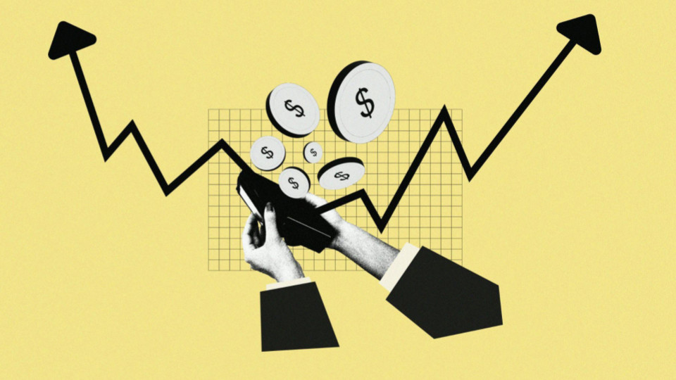 Ao fundo, um gráfico de linha ascendente com setas nas extremidades e uma grade quadriculada sugerem crescimento financeiro, investimentos ou lucro.