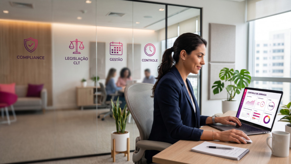 Profissional de RH analisa dashboard de controle de jornada e banco de horas em notebook, com gráficos e ícones de calendário, relógio e conformidade trabalhista em um escritório moderno, nas cores rosa e roxo da Evacard.