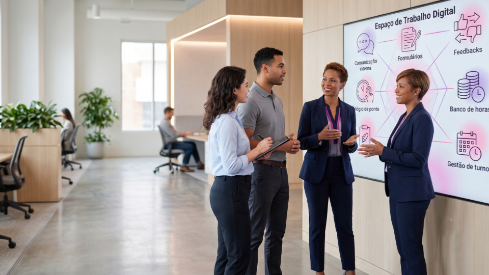 Gerente de RH conversa com colaboradores em um escritório moderno enquanto um painel digital exibe ícones de comunicação interna, controle de ponto, banco de horas e gestão de pessoas, com identidade visual em tons de rosa e roxo.