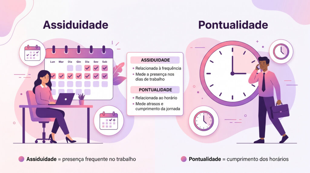 Infográfico corporativo comparando assiduidade e pontualidade no trabalho. À esquerda, colaboradora com calendário indicando presença frequente e a definição de assiduidade como frequência regular ao trabalho. À direita, colaborador ao lado de um relógio representando pontualidade como cumprimento dos horários. Arte nas cores rosa e roxo.