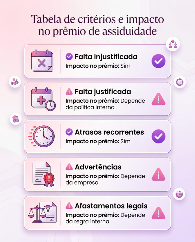 Infográfico mostrando os critérios que podem impactar o prêmio de assiduidade. A tabela apresenta falta injustificada e atrasos recorrentes como fatores que impactam diretamente o benefício, enquanto faltas justificadas, advertências e afastamentos legais dependem das regras da empresa. Design corporativo em tons de rosa e roxo.
Os leitores deste arquivo têm acesso aos comentários e às sugestões