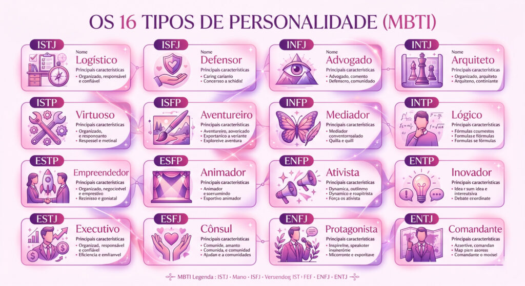 Tabela com os 16 tipos de personalidade do MBTI, seus respectivos nomes e principais características.