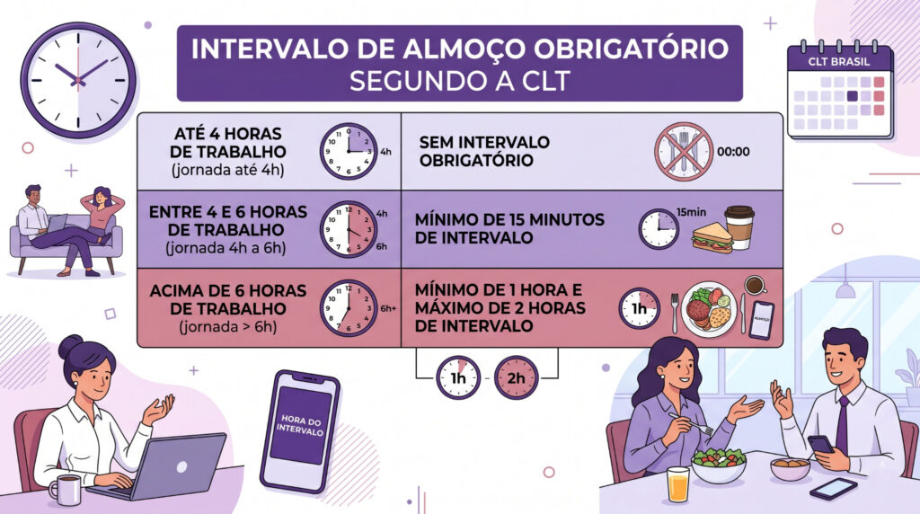 Tabela visual mostrando os intervalos obrigatórios de almoço conforme a jornada de trabalho prevista na CLT.
