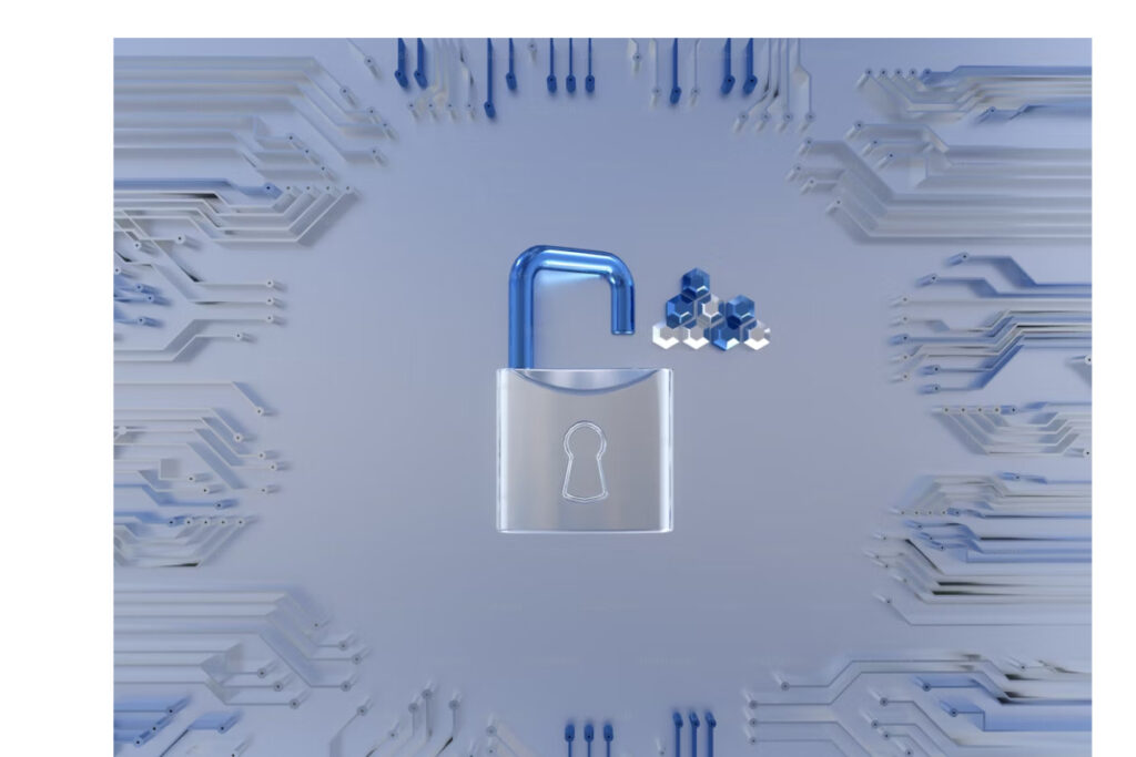 A imagem mostra um cadeado aberto no centro, com um design moderno e translúcido, sugerindo o conceito de segurança de dados ou privacidade digital.