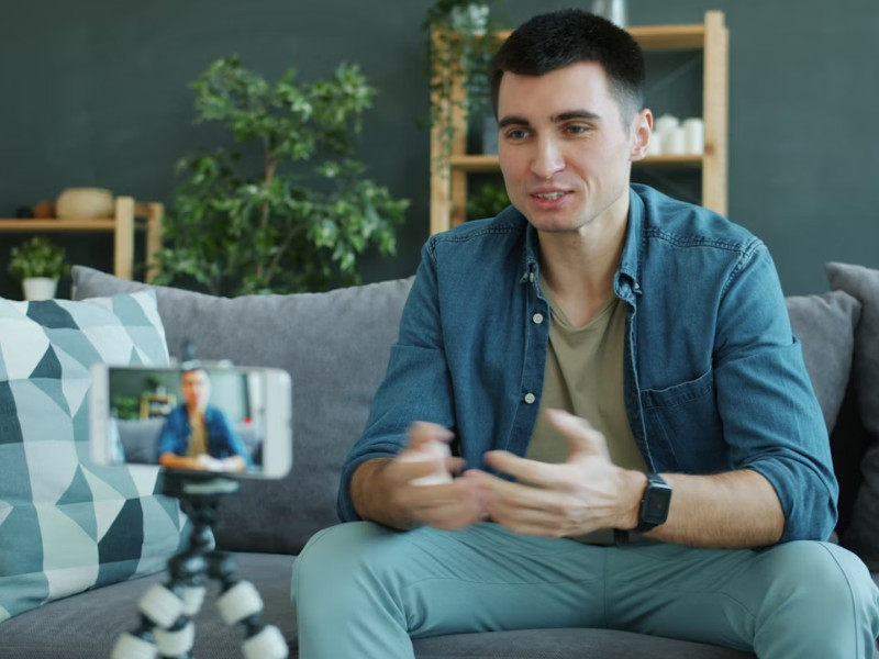 A imagem retrata um homem jovem gravando um vídeo, provavelmente um vídeo currículo, vlog, tutorial ou conteúdo para mídias sociais, em um ambiente caseiro e moderno.