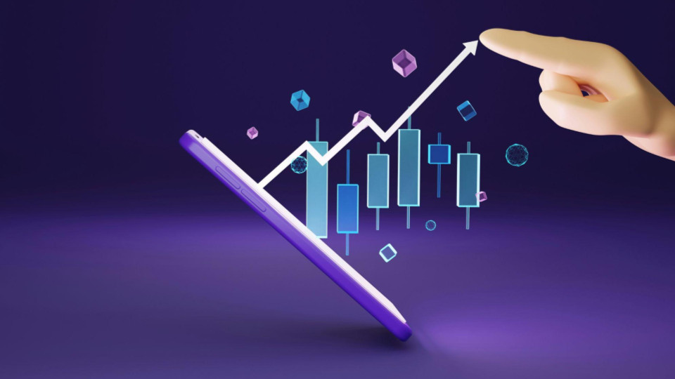 A imagem apresenta uma ilustração 3D com temática de crescimento financeiro e análise de dados.
