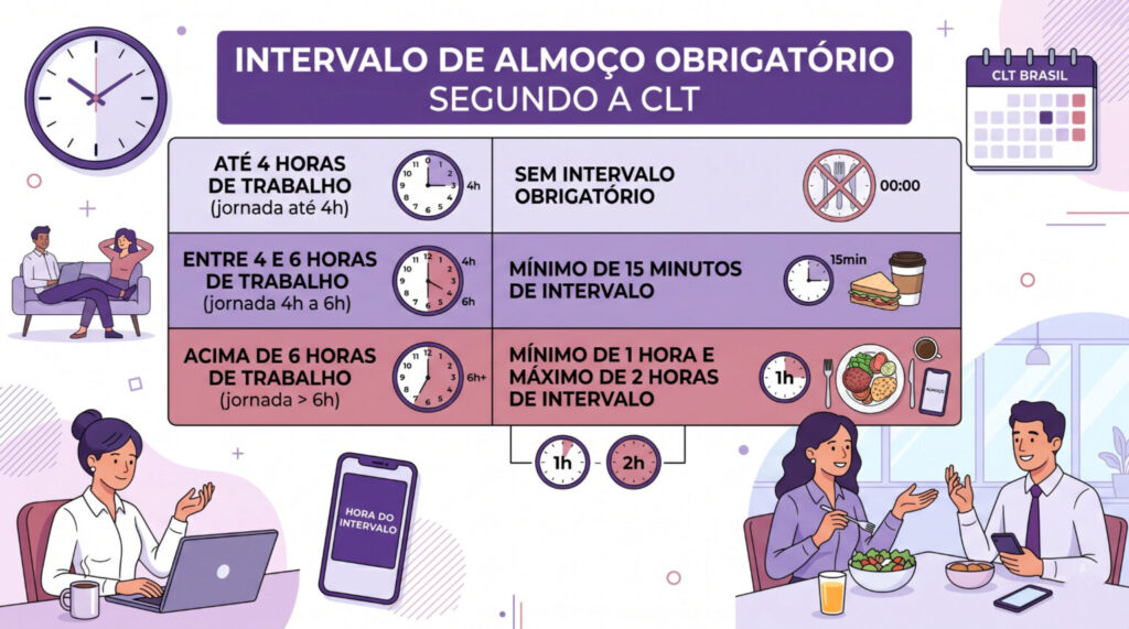 Tabela visual mostrando os intervalos obrigatórios de almoço conforme a jornada de trabalho prevista na CLT.