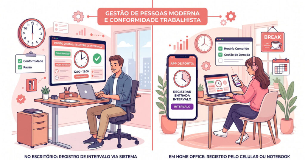 Colaboradores em escritório e home office registrando o horário de almoço em sistema digital de controle de jornada.