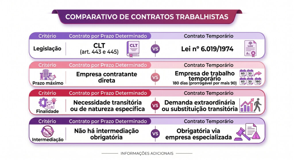 nfográfico comparativo com fundo totalmente branco intitulado "Comparativo de Contratos Trabalhistas" em uma faixa roxa no topo. O design é composto por quatro blocos horizontais arredondados em tons de roxo, rosa e carmim. Cada bloco coloca lado a lado dois tipos de contratação, separados por um círculo central com as letras "VS" (Versus).