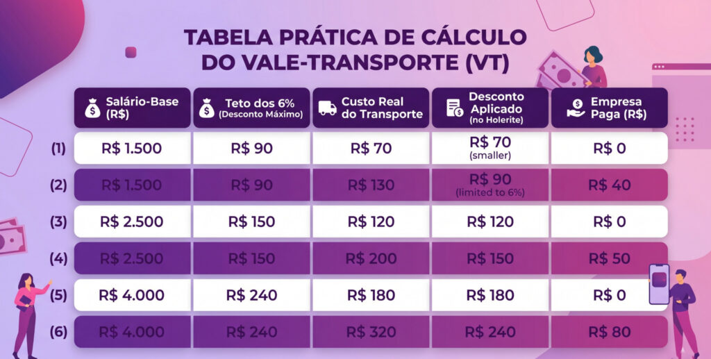 Um infográfico ilustrado da Eva com o título centralizado no topo: "TABELA PRÁTICA DE CÁLCULO DO VALE-TRANSPORTE (VT)". Ele apresenta uma tabela detalhada com seis linhas de exemplos numéricos e cinco colunas de cabeçalho com ícones e texto: "Salário-Base (R$)", "Teto dos 6% (Desconto Máximo)", "Custo Real do Transporte", "Desconto Aplicado (no Holerite)" e "Empresa Paga (R$)".