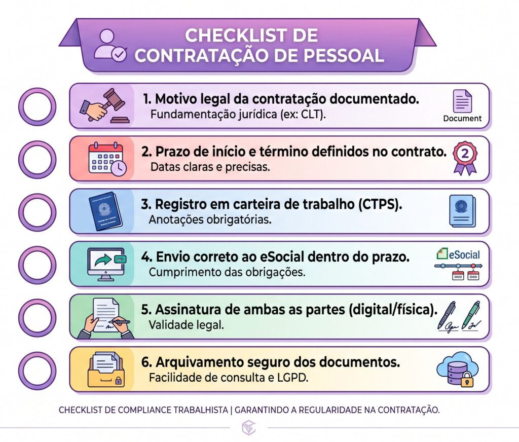 Infográfico em formato de lista de checagem com fundo totalmente branco, intitulado "Checklist de Contratação de Pessoal" em uma faixa lilás no topo. Do lado esquerdo, há uma coluna vertical com seis círculos roxos vazios (checkboxes). Ao lado de cada círculo, há um card horizontal com bordas arredondadas e cores alternadas entre roxo, rosa e amarelo claro, contendo os seguintes passos numerados acompanhados de pequenos ícones ilustrativos
