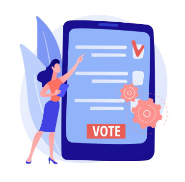A imagem é uma ilustração vetorial moderna em estilo flat design, com uma paleta de cores focada em tons de azul, coral/vermelho e branco, representando o conceito de votação digital ou eletrônica.