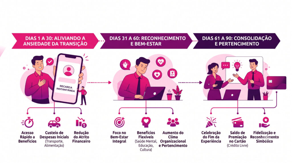 Infográfico vetorial com proporção 16:9 em uma paleta de cores rosa, roxo e branco, ilustrando a jornada de integração de um colaborador nos seus primeiros 90 dias através de três etapas horizontais sobre um fundo totalmente branco.