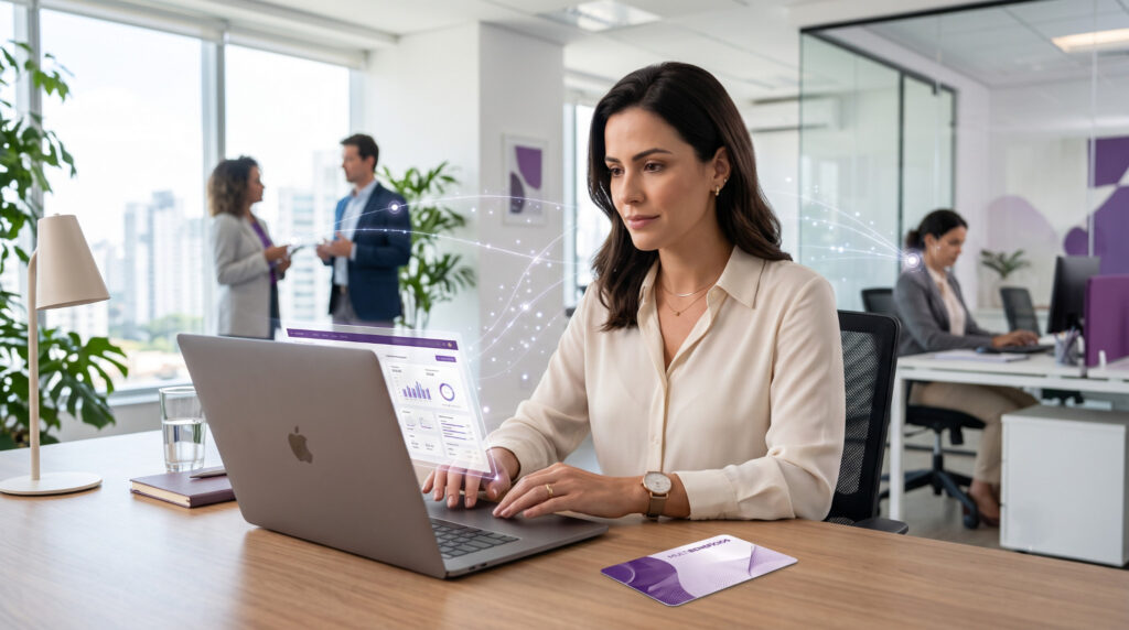Mulher trabalhando em um notebook em um escritório moderno, analisando informações em uma plataforma digital de gestão de pessoas, representando a proteção de dados e a conformidade com a LGPD no RH.