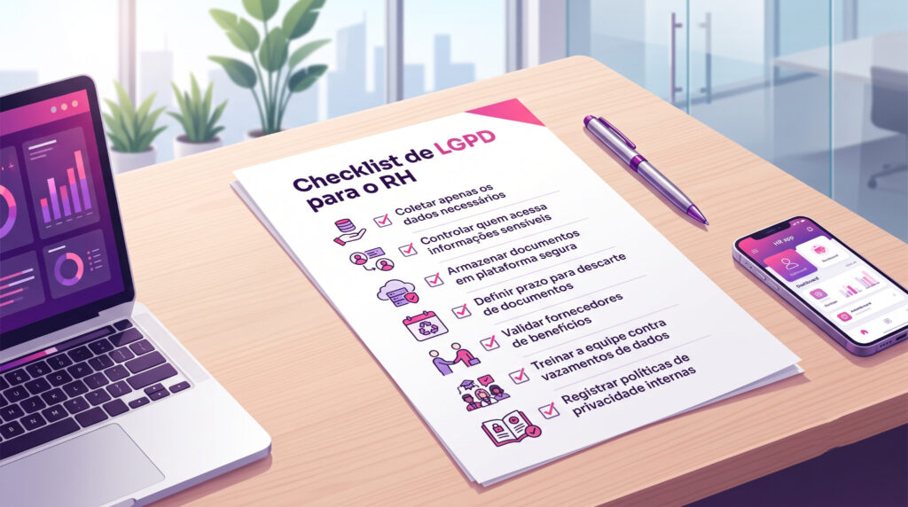 Checklist ilustrado com boas práticas de LGPD para o RH, destacando ações como coletar apenas os dados necessários, restringir acessos, armazenar informações em plataformas seguras, descartar documentos corretamente e treinar a equipe para proteger os dados dos colaboradores.