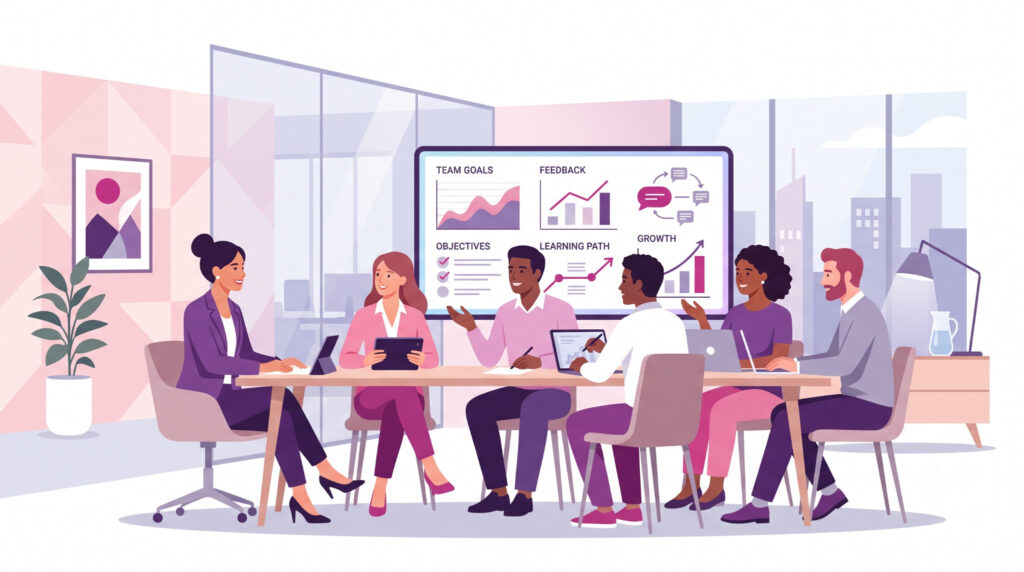 Ilustração de um líder coach conduzindo uma reunião colaborativa com sua equipe em um escritório corporativo moderno.