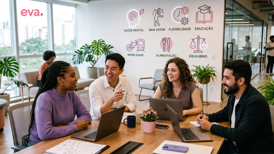 Jovens profissionais da Geração Z colaborando em uma reunião em um escritório moderno, com ambiente em tons de rosa, roxo e branco que representa inovação, benefícios flexíveis e bem-estar no trabalho.
