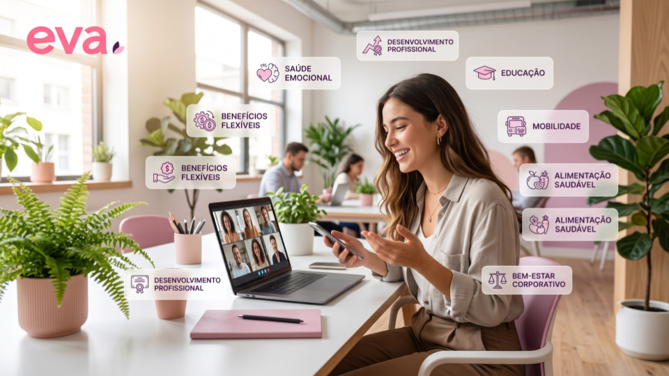 Jovem profissional da Geração Z trabalhando em um escritório contemporâneo em tons de rosa, roxo e branco, utilizando notebook durante uma videoconferência em um ambiente que simboliza saúde emocional, flexibilidade e qualidade de vida no trabalho.