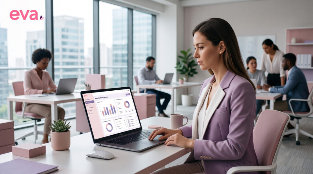Profissional de RH utilizando uma plataforma digital para gerenciar benefícios corporativos em um escritório moderno com detalhes em rosa, roxo e branco, representando eficiência e automação.