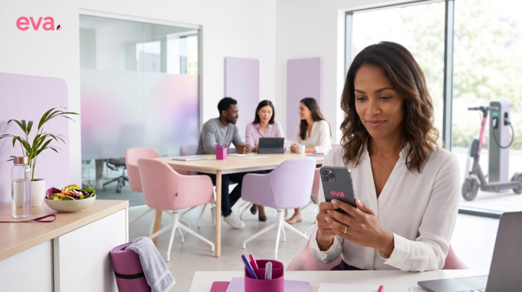 Colaboradora utilizando o smartphone em um ambiente corporativo, representando flexibilidade, autonomia e praticidade no acesso aos benefícios.