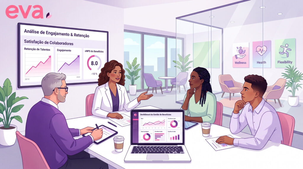 Equipe de RH e gestores reunidos analisando indicadores de benefícios corporativos em um dashboard digital, discutindo estratégias para atrair e reter talentos em um ambiente corporativo moderno.