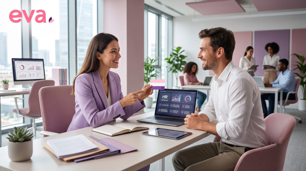 Gerente de RH apresentando um cartão multibenefícios a uma colaboradora em um ambiente corporativo moderno, simbolizando gestão integrada, benefícios flexíveis e tecnologia para Recursos Humanos.