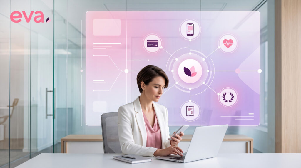 Profissional de RH utilizando ferramentas digitais para gerenciar benefícios corporativos de forma centralizada e integrada.