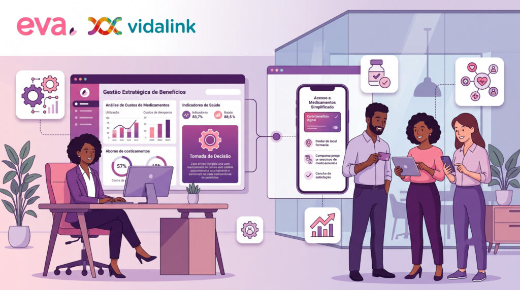 Colaboradores em ambiente corporativo utilizando tecnologia para acessar benefícios de saúde, representando uma empresa que oferece benefício de medicamentos como parte da estratégia de valorização dos funcionários.