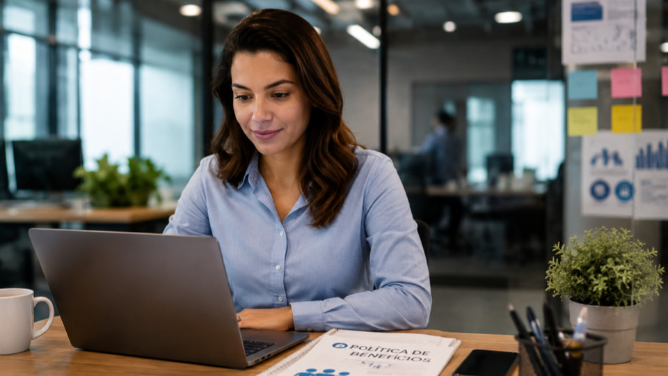 Profissional de RH em um ambiente corporativo moderno, analisando uma política de benefícios no notebook, com documentos organizados e elementos que remetam à gestão de pessoas. Fotografia realista, natural e editorial, sem aparência de banco de imagens ou publicidade.