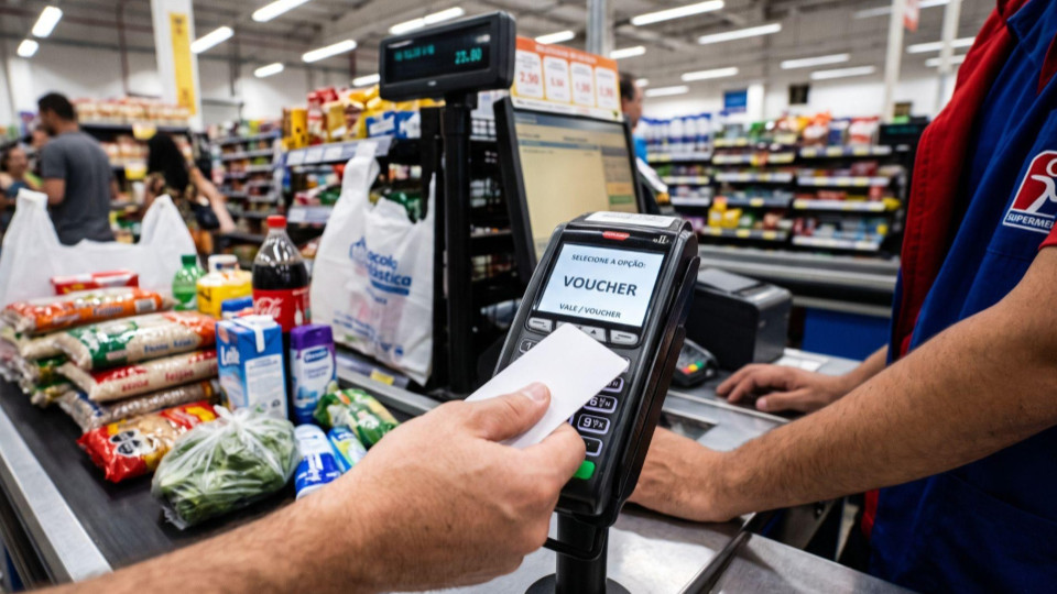 compra em supermercado brasileiro, com o cliente utilizando um cartão de benefícios diante de uma maquininha.