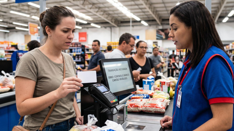 Uma cliente no caixa de um supermercado demonstra dúvida e preocupação ao ter o seu pagamento recusado na maquininha.