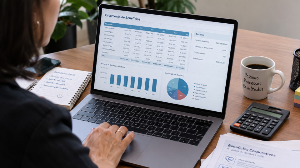 Profissional de RH analisando uma planilha de orçamento de benefícios em um notebook, com calculadora, café e documentos sobre a mesa.