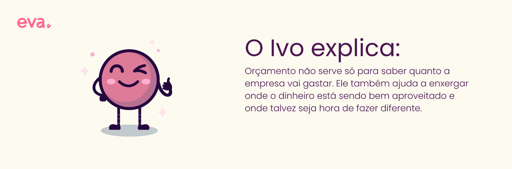 Card com fundo claro e o logo "eva." no canto superior esquerdo. À esquerda, a ilustração do mascote rosa Ivo piscando o olho e fazendo um gesto de aprovação com a mão. À direita, o título "O Ivo explica:" acompanhado do texto: "Orçamento não serve só para saber quanto a empresa vai gastar. Ele também ajuda a enxergar onde o dinheiro está sendo bem aproveitado e onde talvez seja hora de fazer diferente.