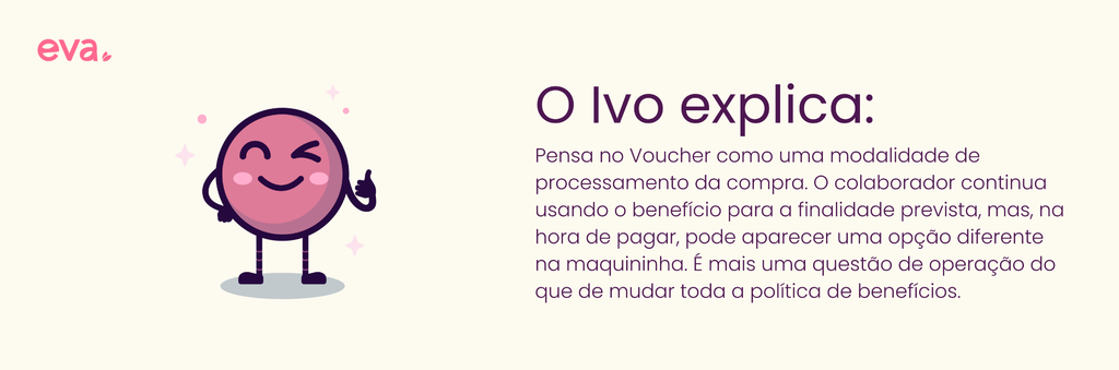 Card com fundo claro e a marca "eva." no canto superior esquerdo. À esquerda, o mascote rosa esférico Ivo piscando um olho e fazendo sinal de "positivo" com o polegar para cima. À direita, o título "O Ivo explica:" com o texto: "Pensa no Voucher como uma modalidade de processamento da compra. O colaborador continua usando o benefício para a finalidade prevista, mas, na hora de pagar, pode aparecer uma opção diferente na maquininha. É mais uma questão de operação do que de mudar toda a política de benefícios."