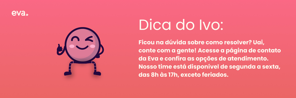 Box do Ivo com orientação para acessar a página de contato da Eva Benefícios e consultar os canais de atendimento.
