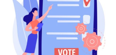 A imagem é uma ilustração vetorial moderna em estilo flat design, com uma paleta de cores focada em tons de azul, coral/vermelho e branco, representando o conceito de votação digital ou eletrônica.