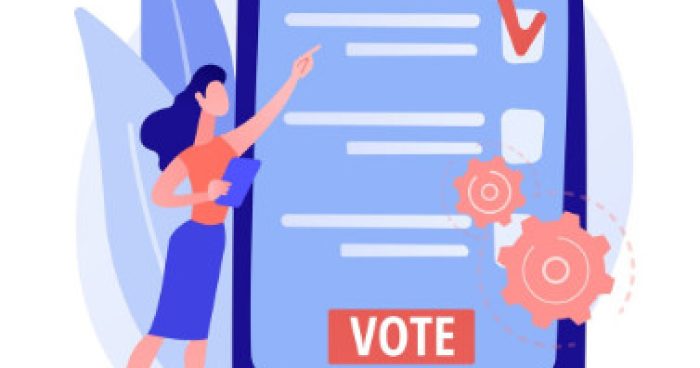 A imagem é uma ilustração vetorial moderna em estilo flat design, com uma paleta de cores focada em tons de azul, coral/vermelho e branco, representando o conceito de votação digital ou eletrônica.