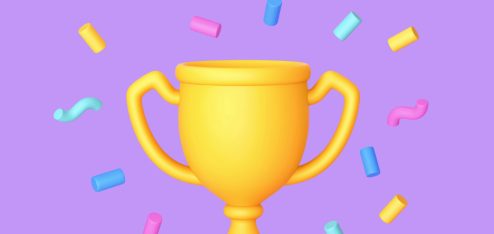 A imagem é uma ilustração 3D colorida e vibrante que simboliza vitória, celebração, e sucesso.