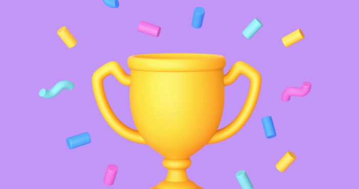A imagem é uma ilustração 3D colorida e vibrante que simboliza vitória, celebração, e sucesso.
