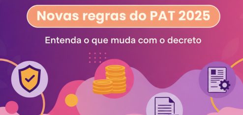 (Infográfico) A imagem é um infográfico ou banner digital com um design moderno e cores vibrantes, focado em novas regras do PAT 2025.