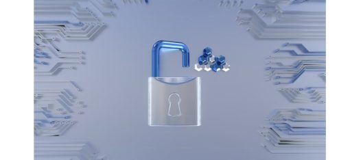 A imagem mostra um cadeado aberto no centro, com um design moderno e translúcido, sugerindo o conceito de segurança de dados ou privacidade digital.