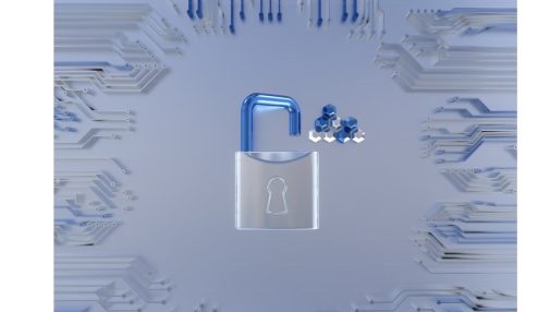 A imagem mostra um cadeado aberto no centro, com um design moderno e translúcido, sugerindo o conceito de segurança de dados ou privacidade digital.