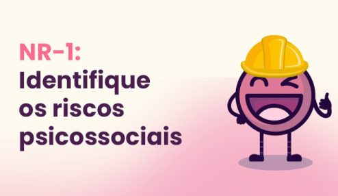 A imagem apresenta um material gráfico informativo com fundo claro em tons suaves de bege e rosa. À esquerda, há o texto em destaque: “NR-1: Identifique os riscos psicossociais”, com “NR-1” em cor rosa e o restante do texto em tom escuro, utilizando tipografia moderna e legível.
